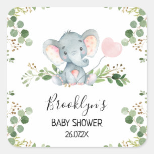 Rosa Balloon Elephant Baby Shower Favor Sticker Fyrkantigt Klistermärke