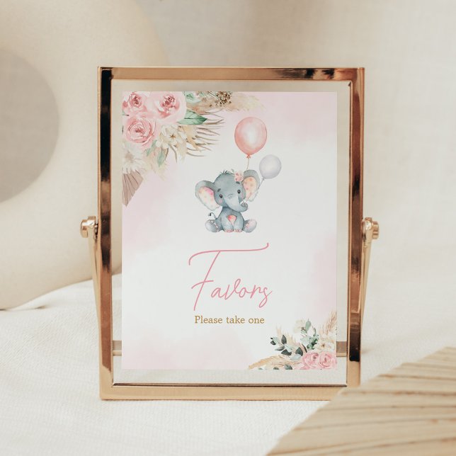 Rosa Balloon Elephant Baby Shower Favors favoriter Poster (Pink Floral Pampas Grass Elephant Baby Shower Favors Sign)