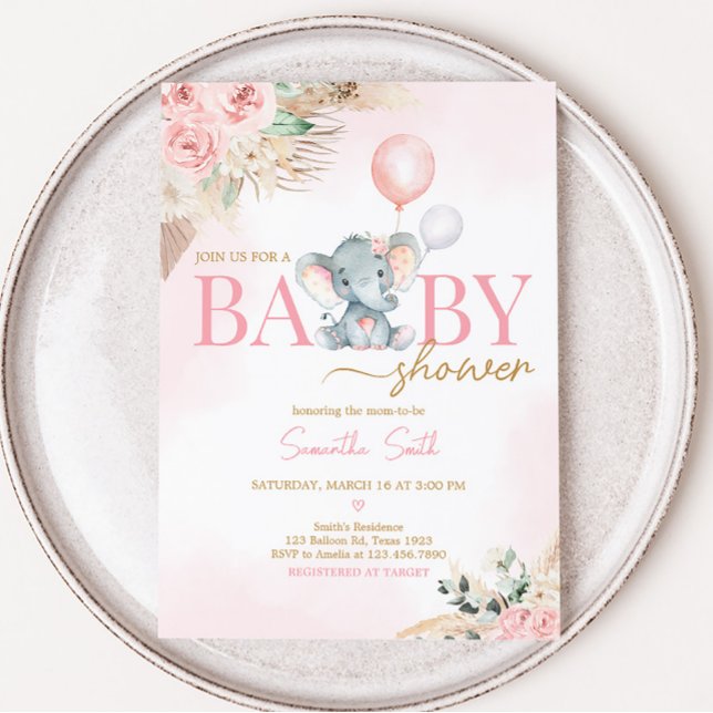 Rosa Balloon Elephant Baby Shower Inbjudningar (Pink Floral Pampas Grass Elephant Baby Shower Invitation)