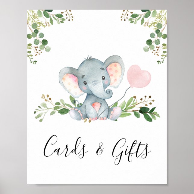 Rosa Balloon Elephant Baby Shower Party-tecken Poster (Framsidan)