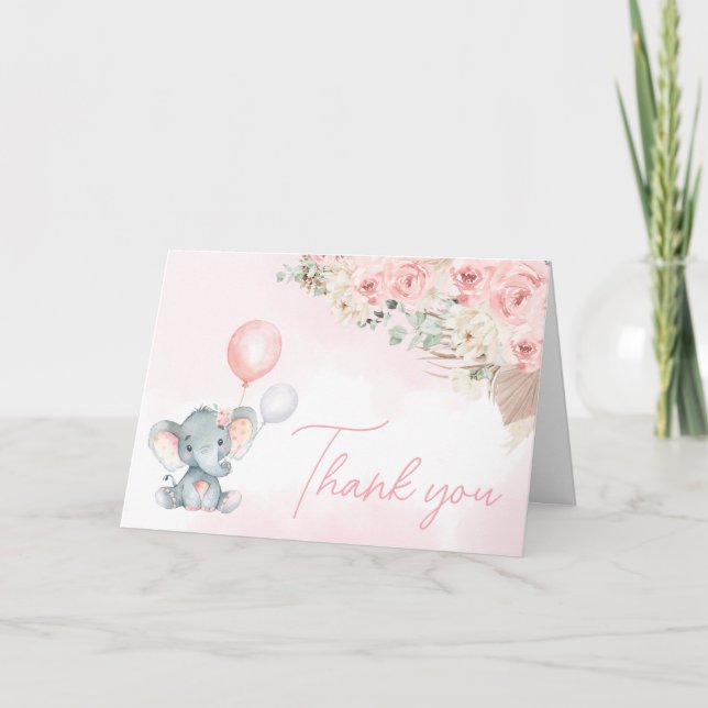 Rosa Balloon Elephant Baby Shower Tack Kort (Framsida)
