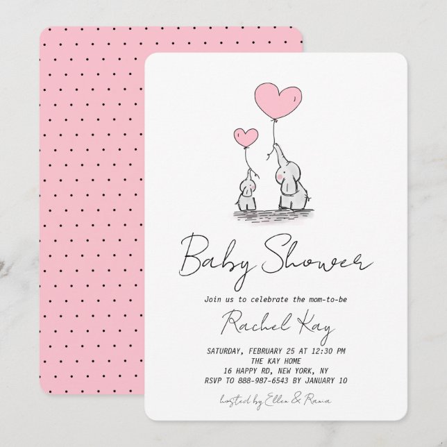 Rosa Balloon Elephant Newborn Baby Shower Inbjudningar (Fram/baksida)