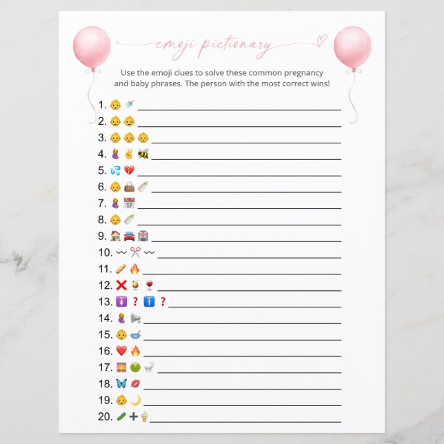 Rosa Balloon Emoji Pictionary Baby Shower Game (Framsida)