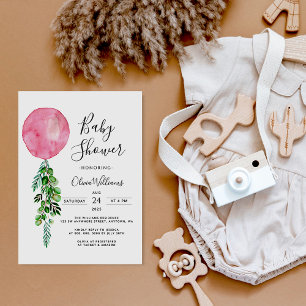 Rosa Balloon Eucalyptus Baby Shower Inbjudningar