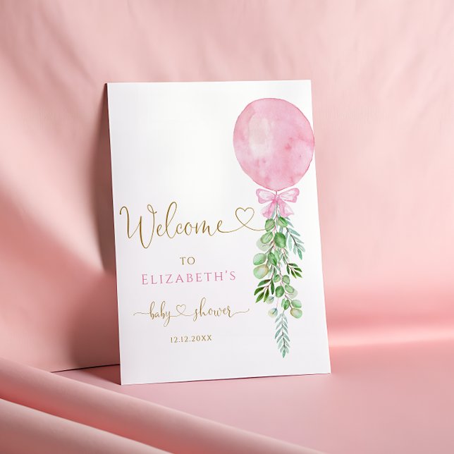 Rosa Balloon Eucalyptus Baby Shower Välkommen Poster (Skapare uppladdad)