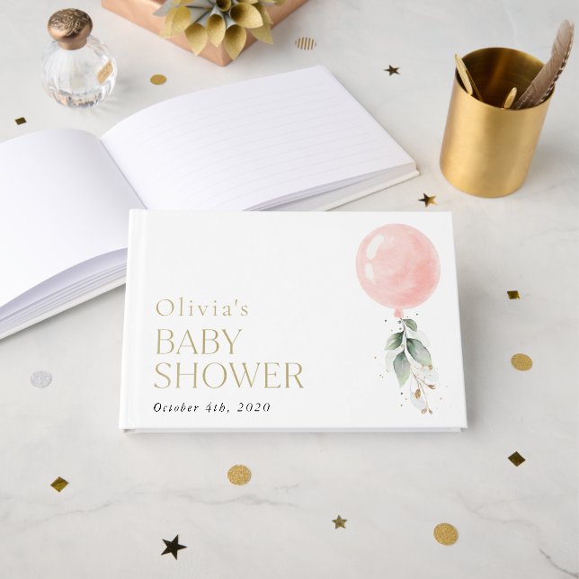 Rosa Balloon, eukalyptus, Greenery, Baby Shower Gästböcker (Framsida öppen)