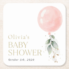 Rosa Balloon, eukalyptus, Greenery, Baby Shower Underlägg Papper Kvadrat