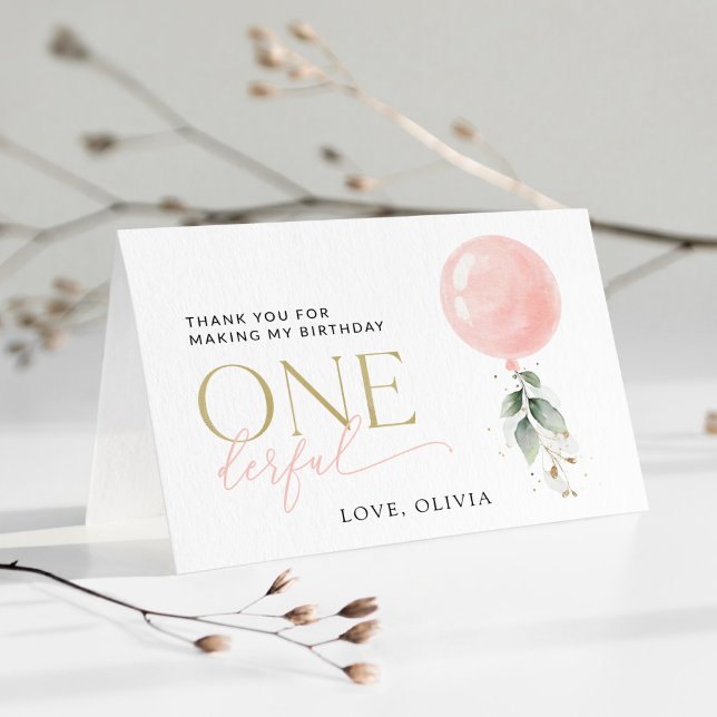 Rosa Balloon, eukalyptus, Greenery, förstaårsdagen Tack Kort (Skapare uppladdad)