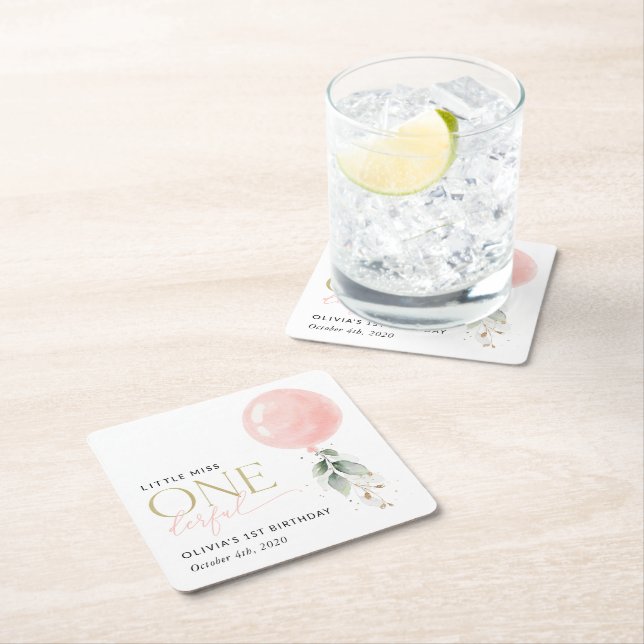 Rosa Balloon, eukalyptus, Greenery, förstaårsdagen Underlägg Papper Kvadrat (Insitu)