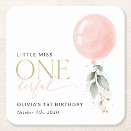 Rosa Balloon, eukalyptus, Greenery, förstaårsdagen Underlägg Papper Kvadrat