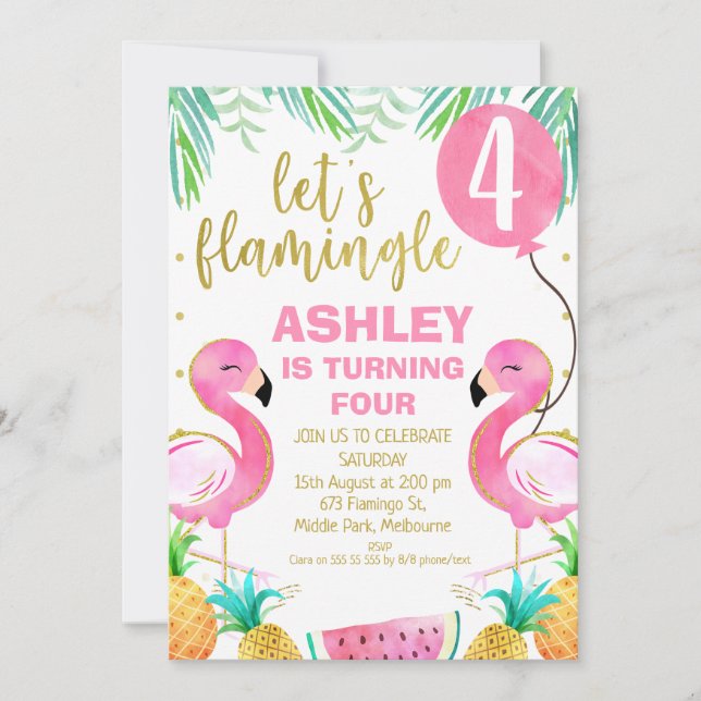 Rosa Balloon Flamingo, oavsett ålder, inbjudan på  (Framsida)