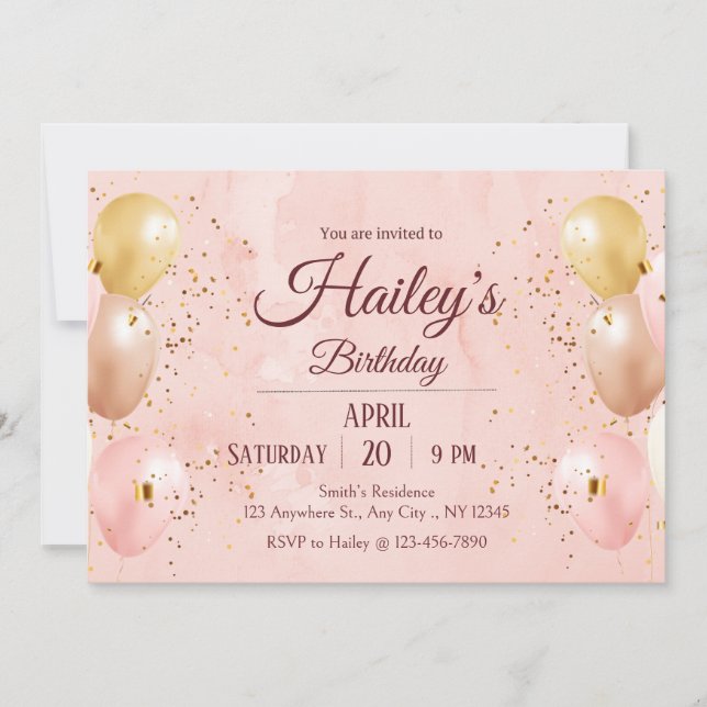 Rosa Balloon Födelsedagsfest inbjudan (Framsida)