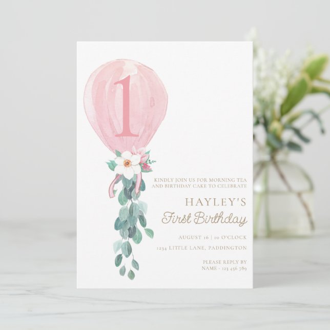 Rosa Balloon Första födelsedag Inbjudningar (Stående Fram)
