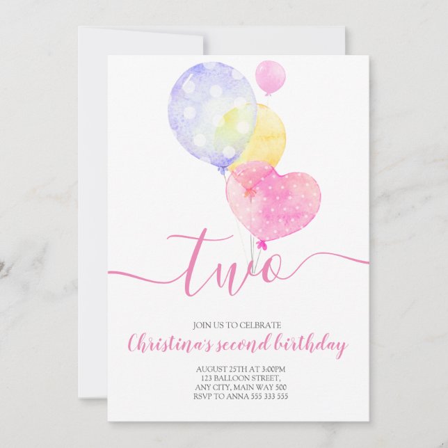 Rosa Balloon Girl 2:a födelsedagen 2:a födelsedage Inbjudningar (Framsida)