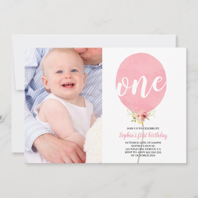 Rosa Balloon Girl First Birthday med Photo Cute Inbjudningar (Framsida)