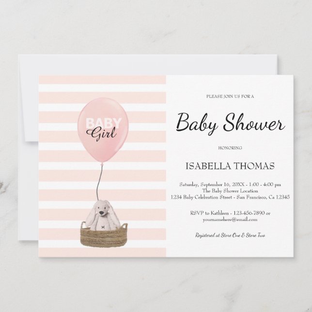 Rosa balloon Girl Rosa Rand Baby Shower Inbjudningar (Framsida)