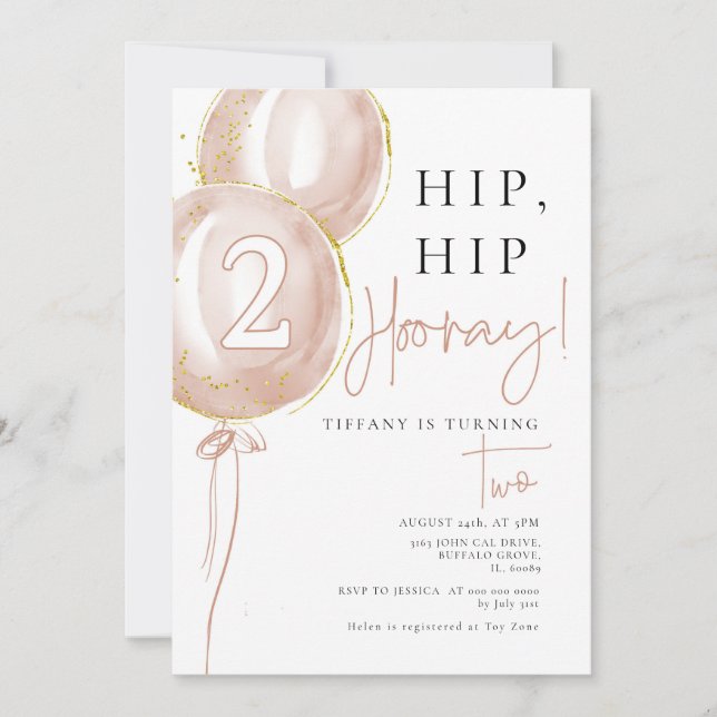 Rosa Balloon Girl Second Birthday Inbjudningar (Framsida)