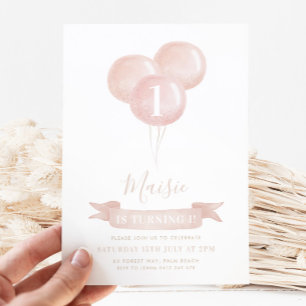 Rosa Balloon Girls 1:a födelsedag Party Söt Inbjudningar