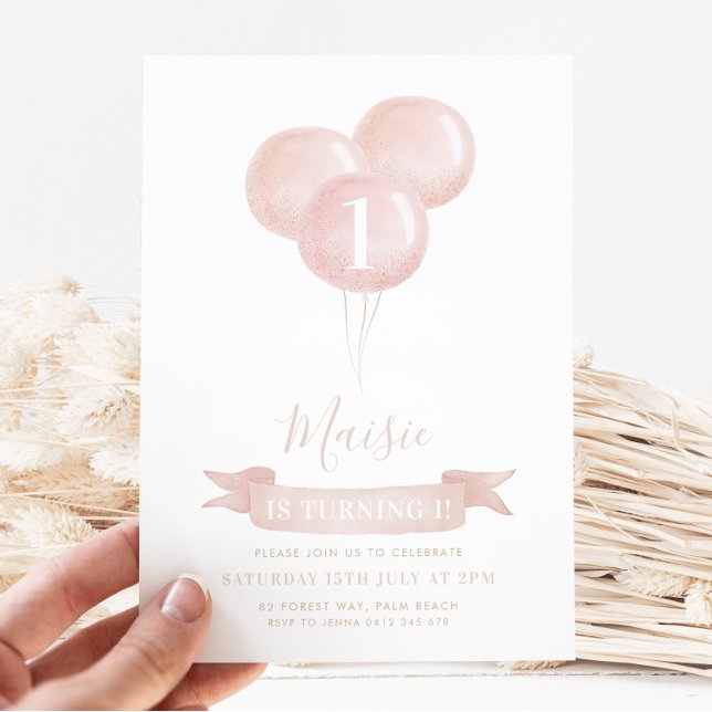 Rosa Balloon Girls 1:a födelsedag Party Söt Inbjudningar (Skapare uppladdad)