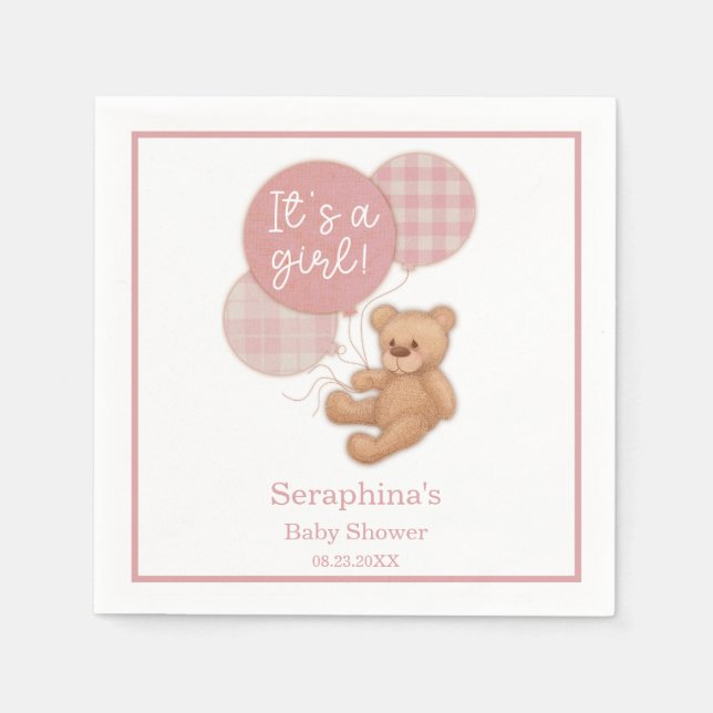 Rosa Balloon Nalle Baby Shower Napkins Pappersservett (Framsidan)