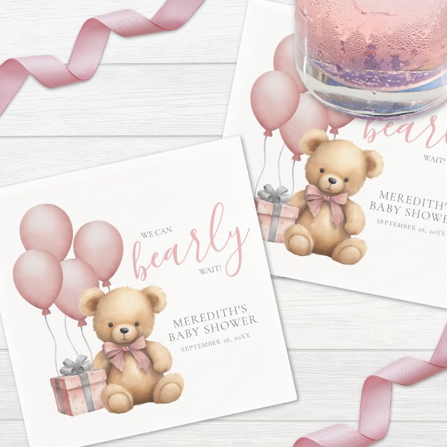 Rosa Balloon Nalle Baby Shower Pappersservett (Pink Balloon Teddy Bear Baby Shower Napkins)