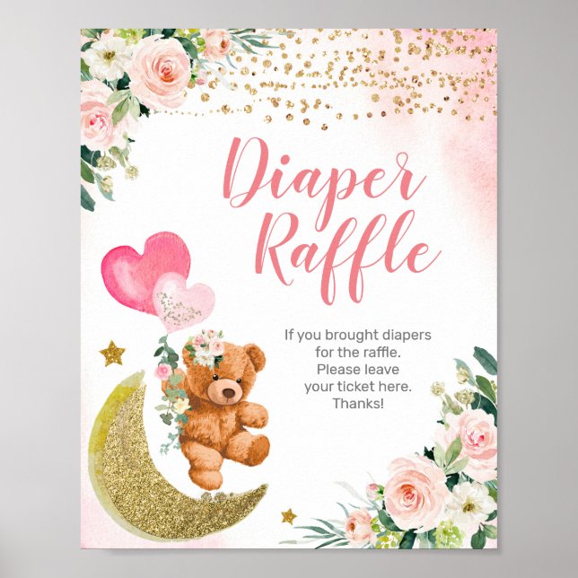Rosa Balloon Nalle Diaper Raffle Sign Poster (Framsidan)