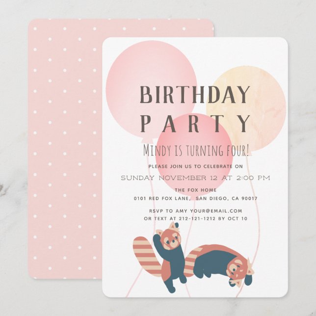 Rosa Balloon & Red Panda Födelsedagsfest inbjudan (Fram/baksida)