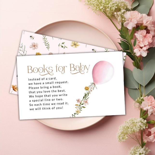 Rosa Balloon Wildblommon Bokar för Baby-begäran Tilläggskort (Pink Balloon Wildflower Books for Baby Request Enclosure Card)