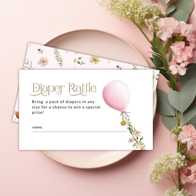 Rosa Balloon Wildblommor Diaper Raffle Baby Shower Tilläggskort (Pink Balloon Wildflower Diaper Raffle Baby Shower Enclosure Card)