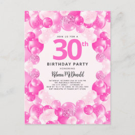 Rosa Balloons Faux Glitter Roligt 30års födelsedag Inbjudan Vykort