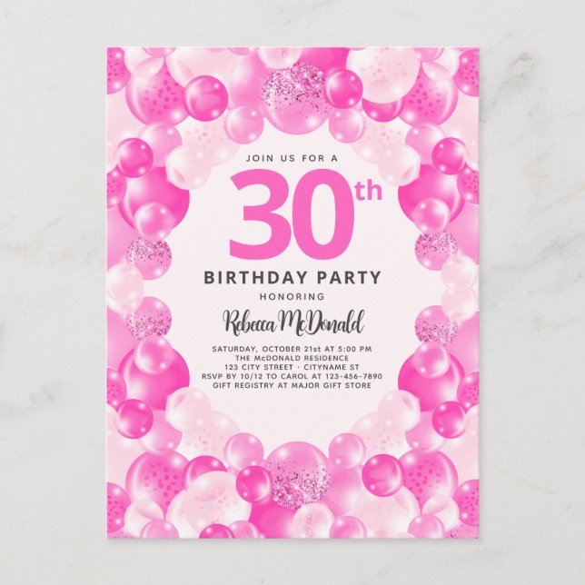 Rosa Balloons Faux Glitter Roligt 30års födelsedag Inbjudan Vykort (Framsida)