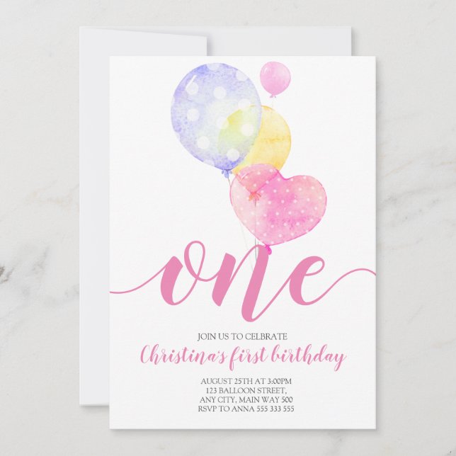 Rosa Balloons Girl Första födelsedagen 1:a födelse Inbjudningar (Framsida)