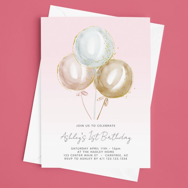 Rosa Balloons Girls 1:a födelsedag Inbjudningar (Skapare uppladdad)