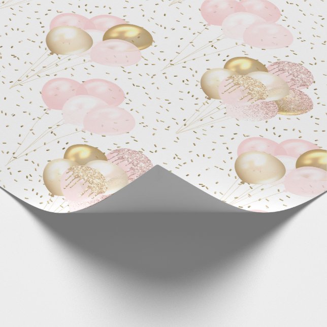 Rosa Balloons Golden Glitter och Confetti Presentpapper (Hörn)