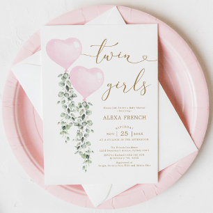 Rosa Balloons Greenery Twin Girls Swehoney Baby Inbjudningar