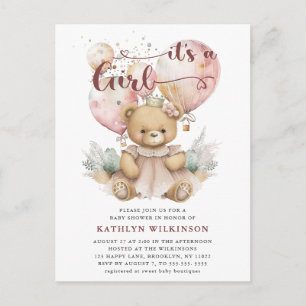 Rosa Balloons Nalle Blommigt Baby Shower Inbjudan Vykort
