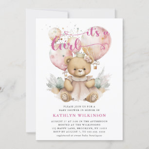 Rosa Balloons Nalle Blommigt Baby Shower Inbjudningar