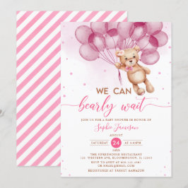 Rosa Balloons Nalle Girl Baby Shower Inbjudningar