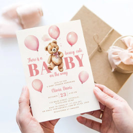 Rosa Balloons Nalle Girl Modern Baby Shower Inbjudningar
