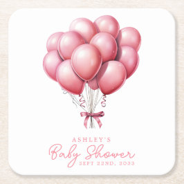 Rosa Balloons Watercolor Girl Baby Shower Underlägg Papper Kvadrat