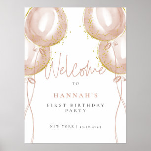 Rosa Balloths Child First Birthday Välkommen Poster
