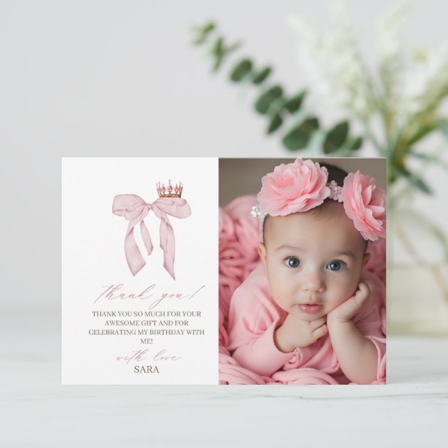 Rosa band 1-års födelsedag tack kort (Stående Fram)