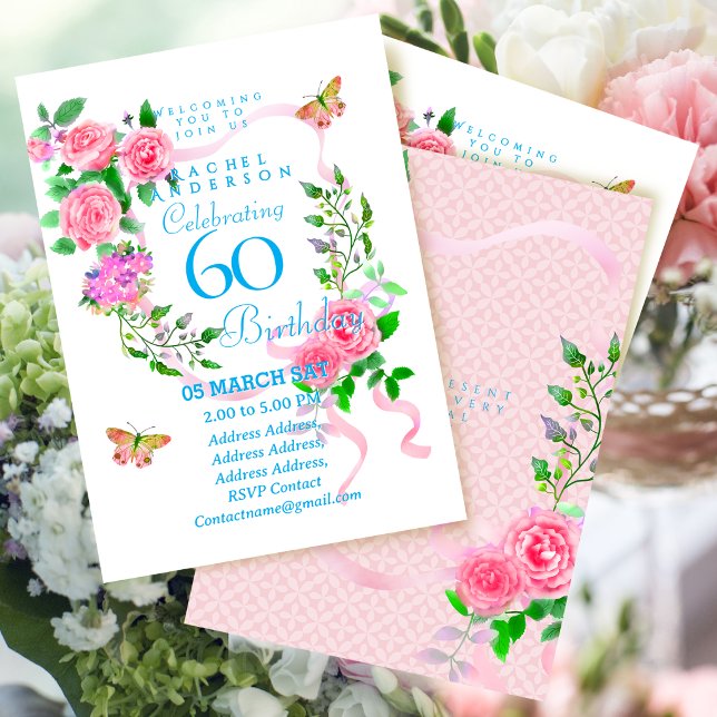 Rosa band 60-års födelsedagsinbjudan inbjudningar (Pink Rose Ribbon 60th Birthday Invitation)