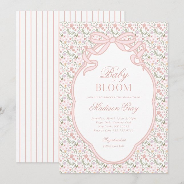 Rosa band baby i blom Baby Shower-inbjudan Inbjudningar (Fram/baksida)
