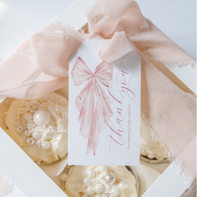 Rosa band baby shower minimalist gåva presentetikett (Girl Baby Shower, Pink Bow, Rustic Baby Shower, Boho Baby Shower, Watercolor Pink Bow, Elegant)