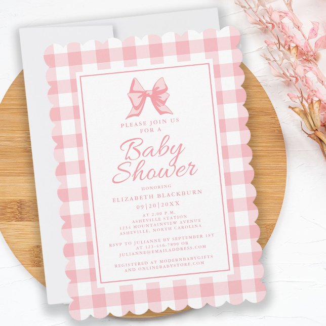 Rosa band baby shower rutig pastell flickaktig ele inbjudningar (Pink Bow Baby Shower Gingham Check Girly Elegant Invitation)