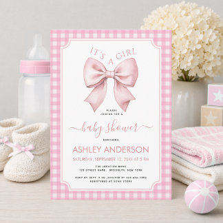 Rosa band baby shower Rutig rand Det är en flicka Inbjudningar