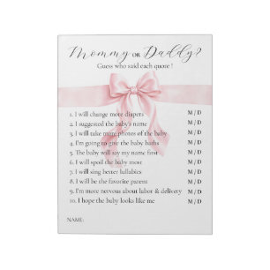 Rosa band baby shower-spel: Mamma eller Pappa Anteckningsblock