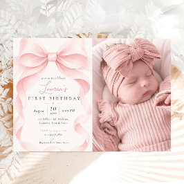 Rosa band babyflicka första födelsedagsfoto inbjudningar