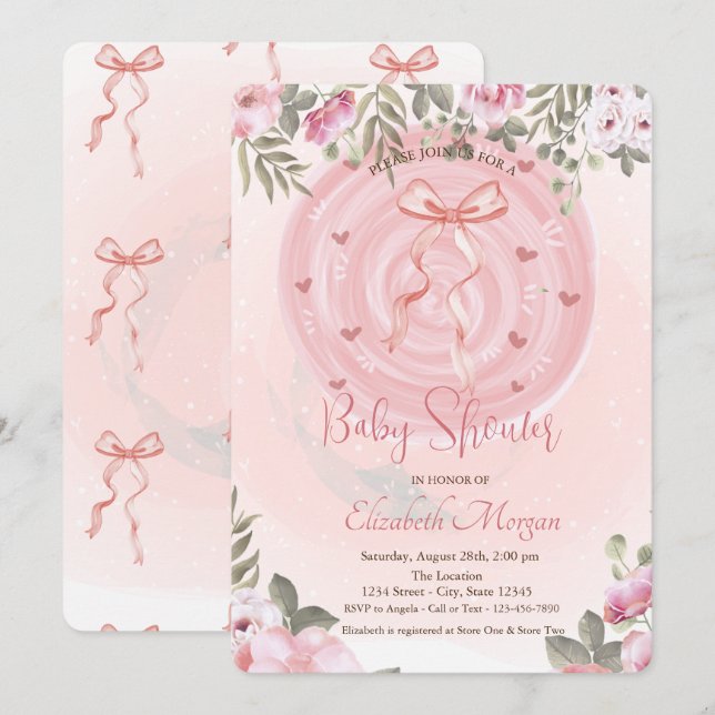 Rosa band blommig baby shower  inbjudningar (Fram/baksida)